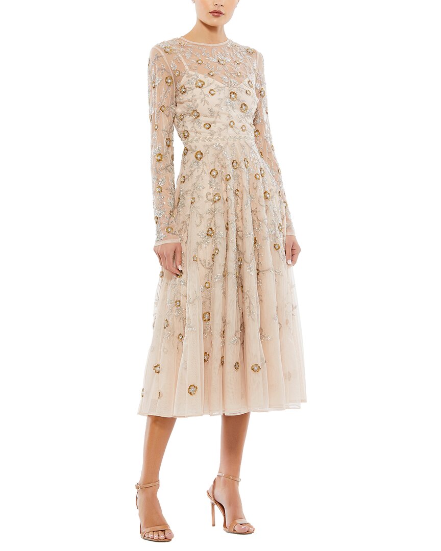Mac Duggal Beaded Illusion High Neck Long Sleeve A Line Gown In Neutral
