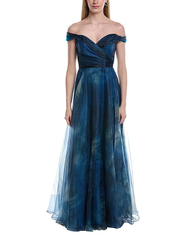 Rene Ruiz Off-The-Shoulder Draped A-Line Gown