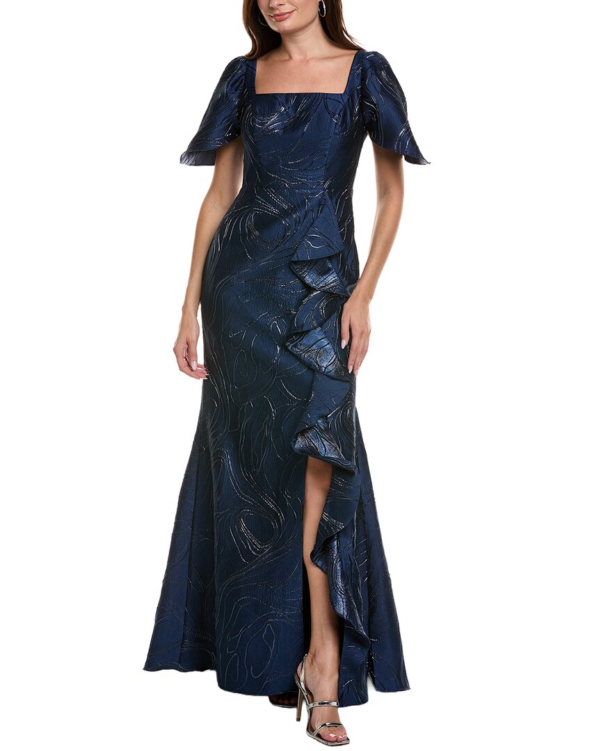Rene Ruiz Flare Jacquard Gown In Blue