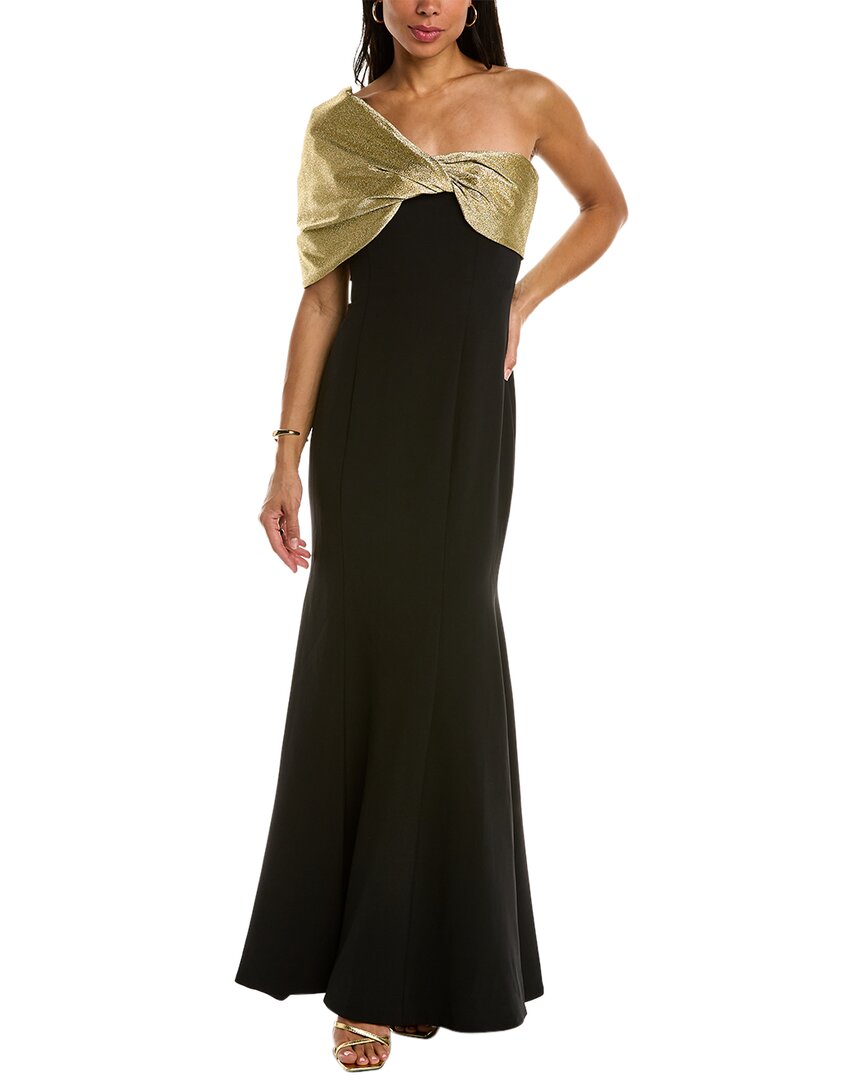 theia black and gold dress Cordelia Fitted One-shoulder Gown In black pants with sequins