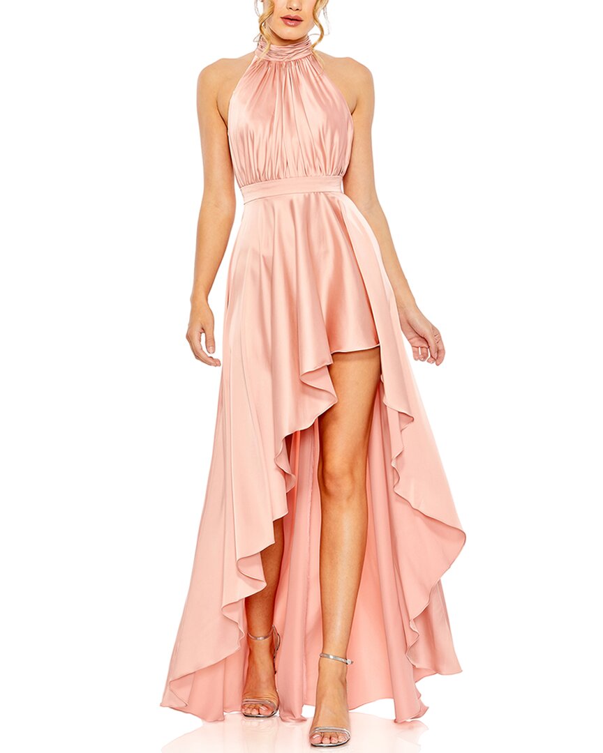 Mac Duggal High Neck Satin High Low Gown In Pink