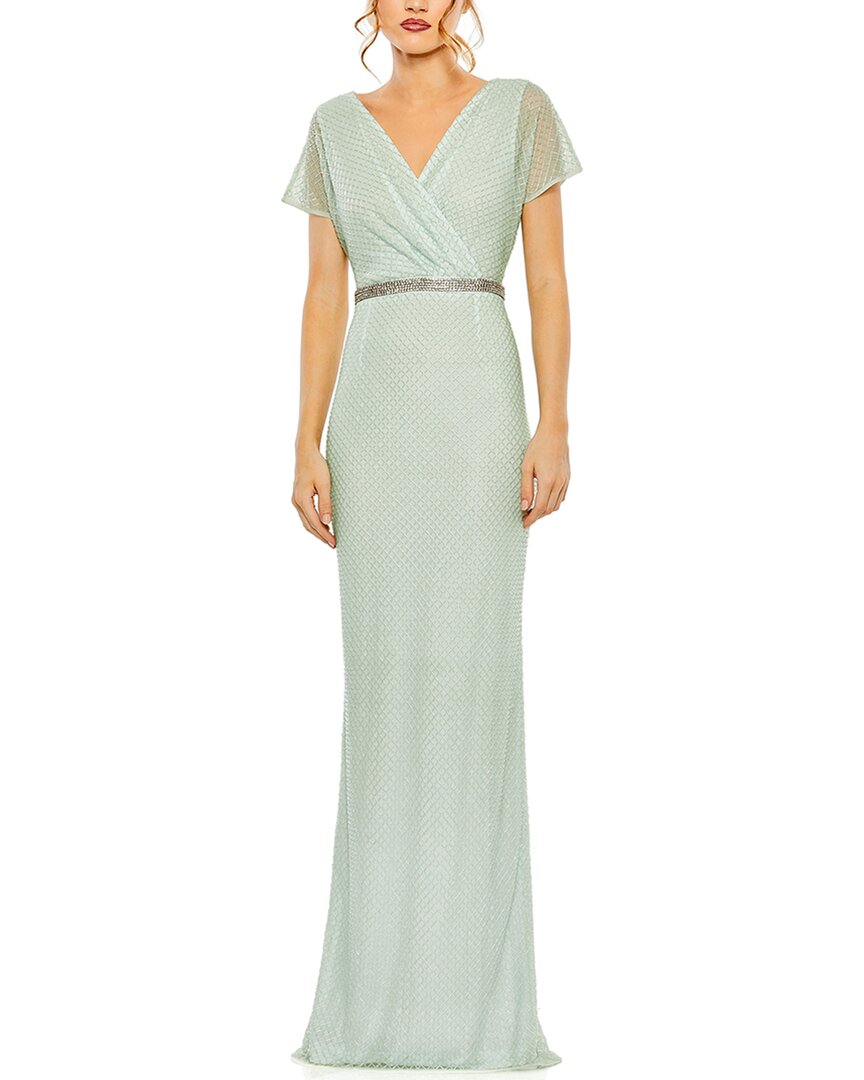 Mac Duggal Short Sleeve Beaded V-neck Gown In Green
