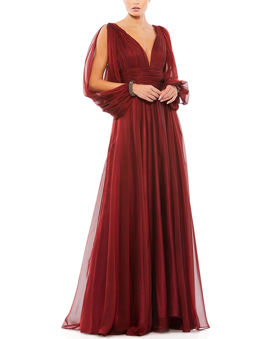Mac Duggal V-neck A-line Chiffon Gown Beaded Cuffs In Garnet In Red