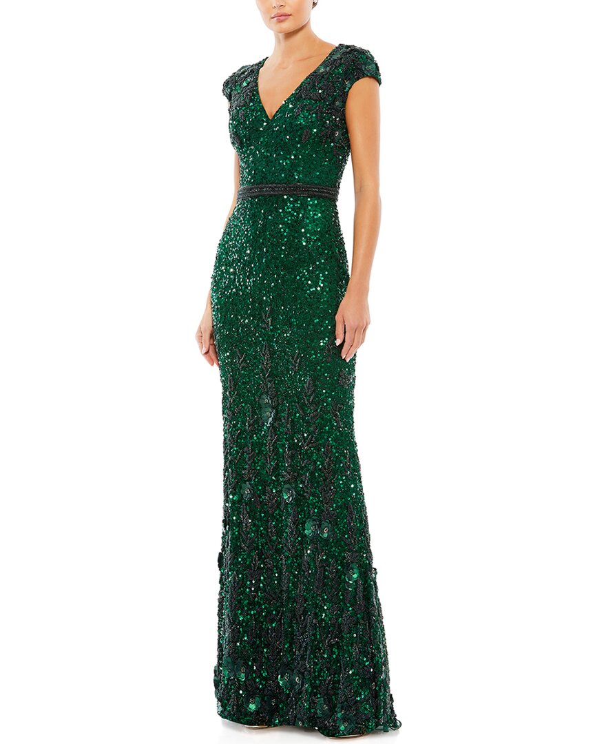 Mac Duggal Embellished V Neck Cap Sleeve Sequin Gown In Green