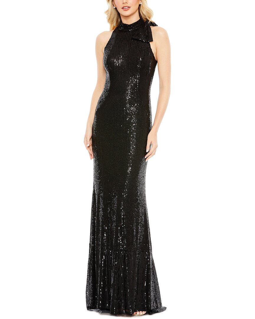Mac Duggal Soft Tie Halter Neck High Sequin Gown In Black