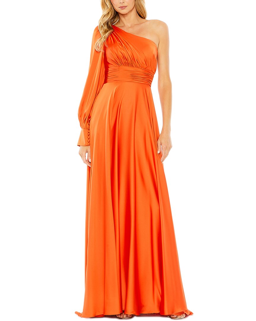Mac Duggal One-shoulder Bishop Sleeve Flowy Gown In Orange