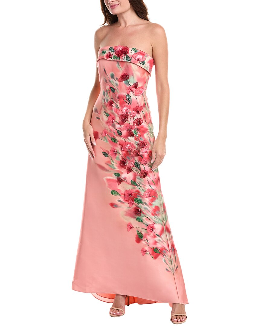 Badgley Mischka Strapless Embellished Floral-print Gown In Pink
