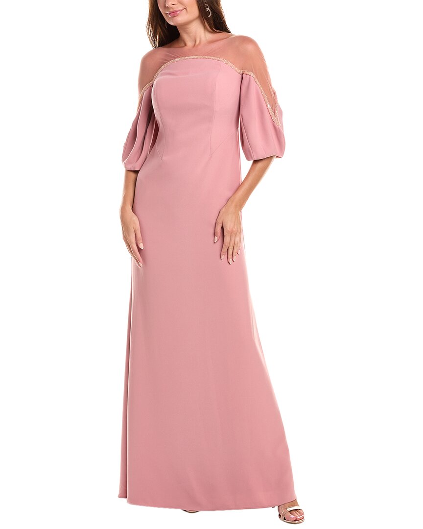 Rene Ruiz Illusion Crepe Column Gown In Pink