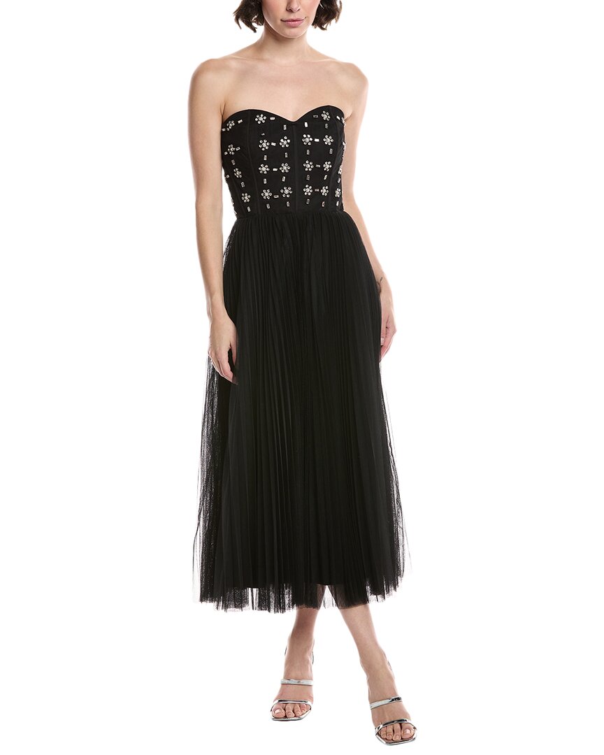 Theia Alesia Strapless Embellished Corset Midi Dress In Black