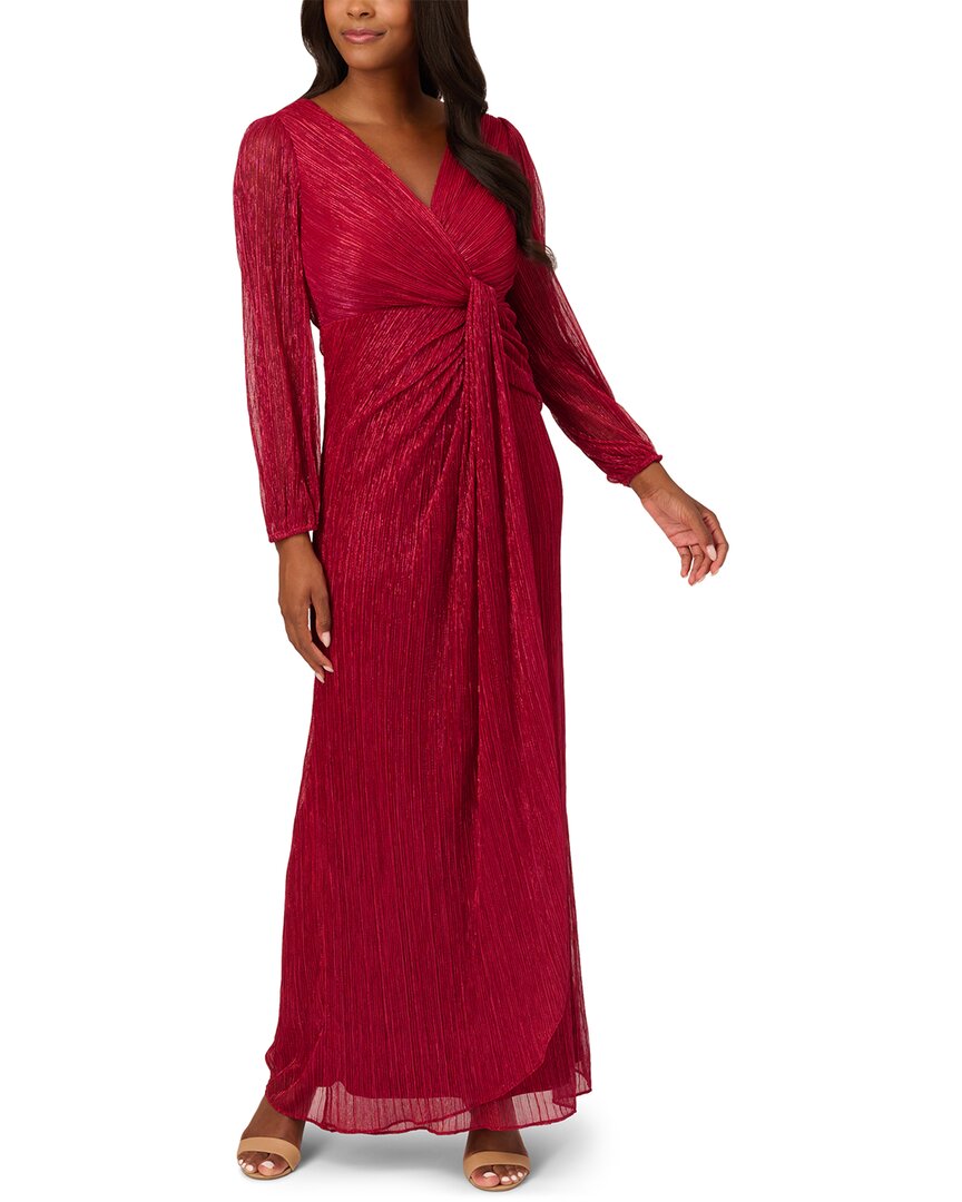 Adrianna Papell Metallic Mesh Draped Gown In Red