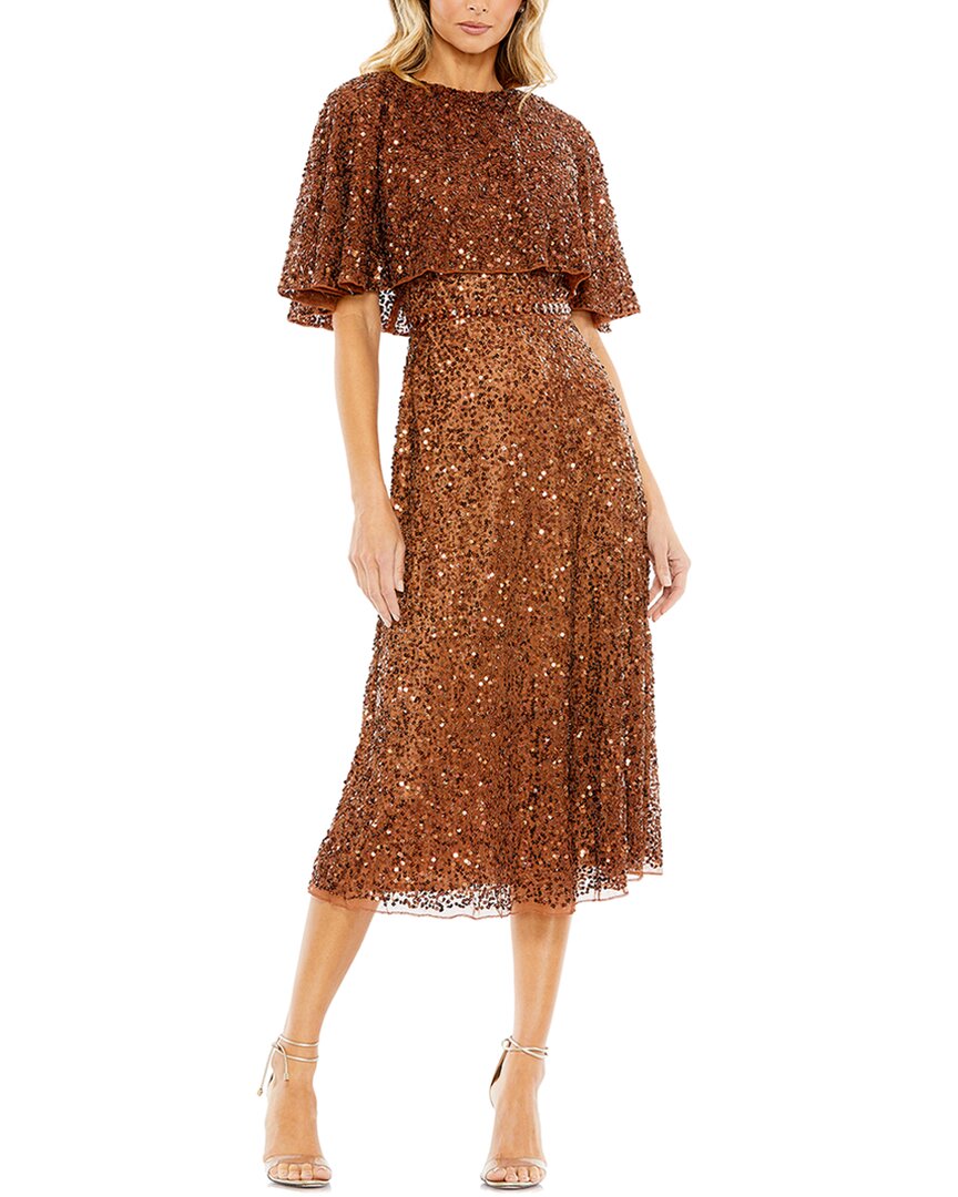 Mac Duggal Embellished Cape High-neck Midi Dress In Brown