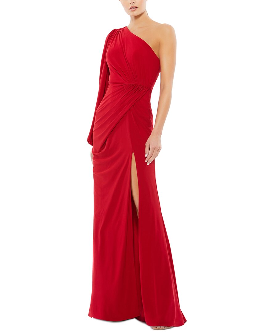 Mac Duggal One-shoulder Puff Sleeve Faux Wrap Gown In Red