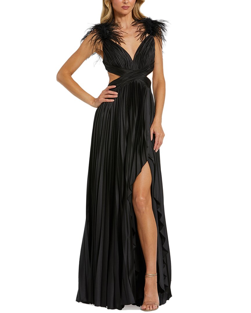 Mac Duggal Pleated Feather Cap Sleeve Open Back Gown In Black