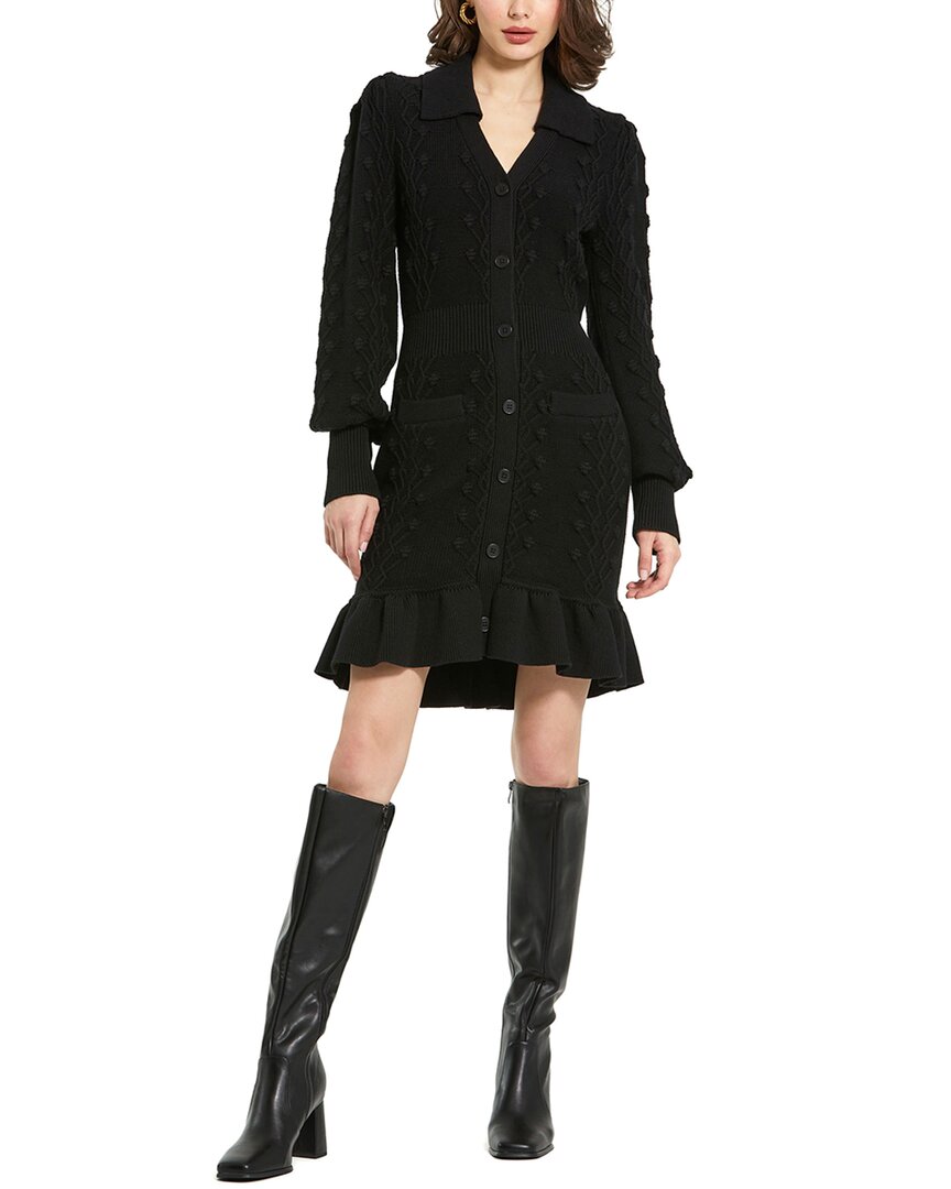 Mac Duggal Long Sleeve Bobble Knit Collared Button Up Dress In Black