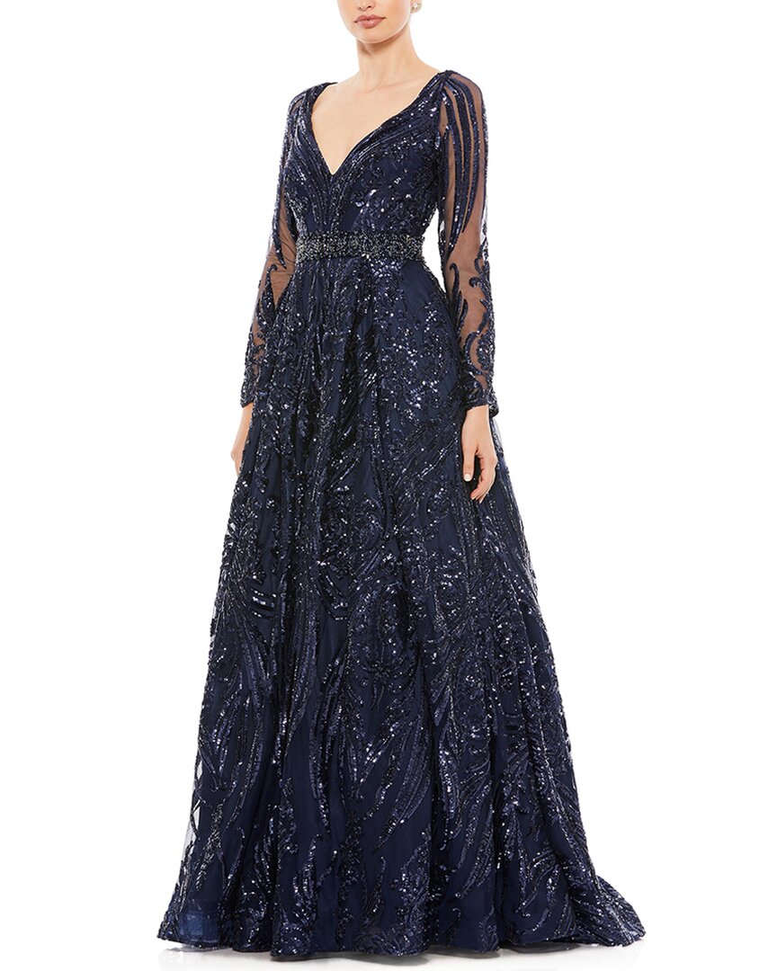 Mac Duggal Midnight Long Sleeve Embellished Evening Gown In Blue
