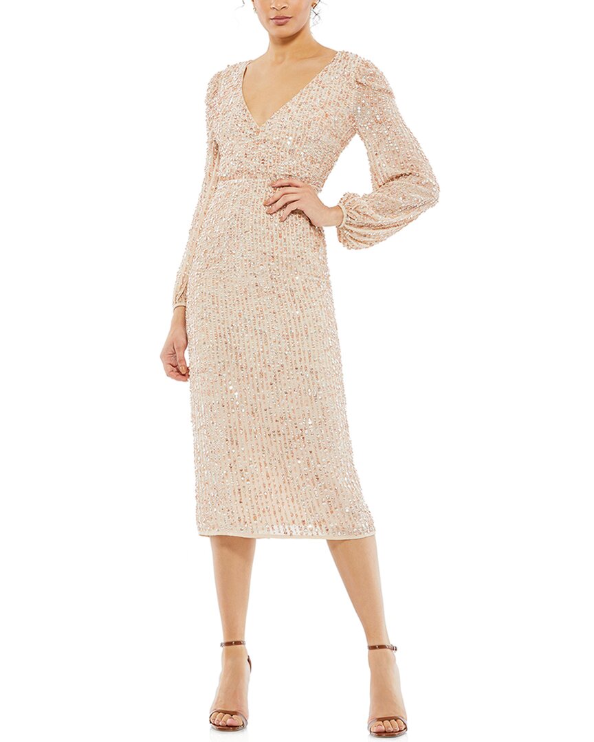 Mac Duggal Sequin Surplice Faux Wrap V Neck Blouson Sleeve Dress In Neutral