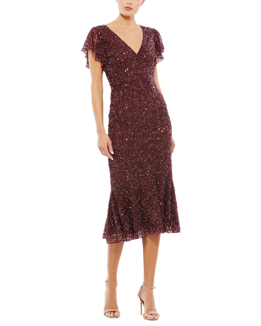 Mac Duggal Sequined V Neck Flutter Cap Sleeve Trum In Brown