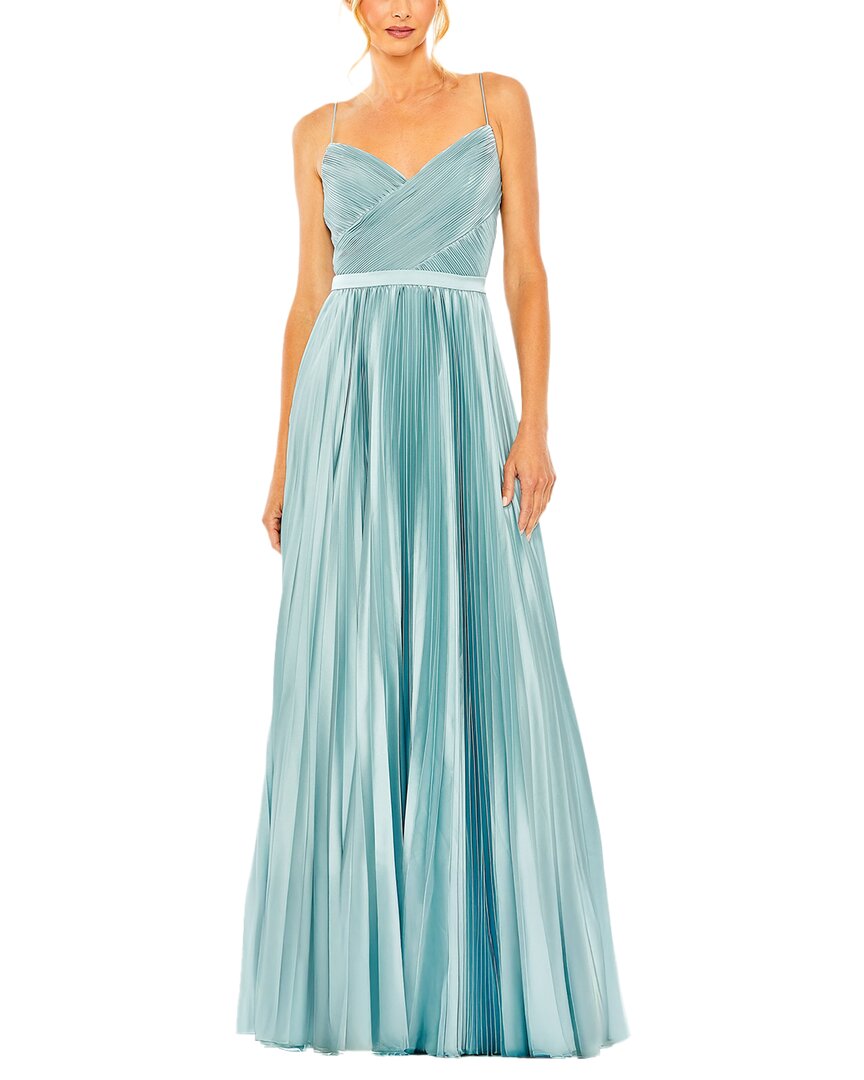 Mac Duggal Pleated Satin Charmeuse Dress With Surplice Neckline In Blue