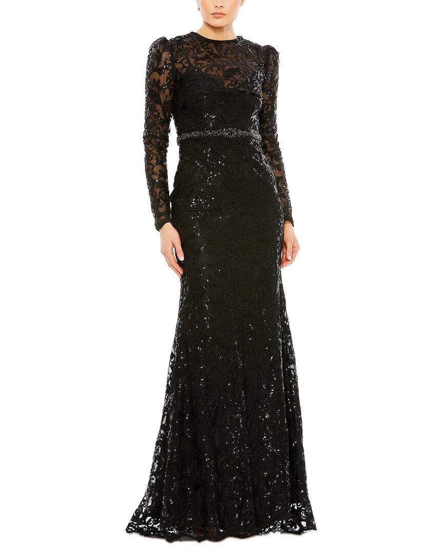 Mac Duggal Embellished High Neck Long Sleeve Gown In Black