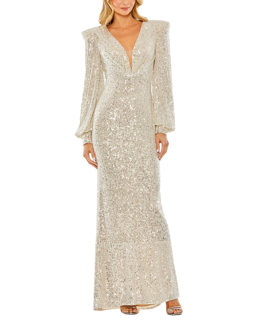 Mac Duggal Sequined Plunge Neck Structured Bishop Sleeve Gown In Silver
