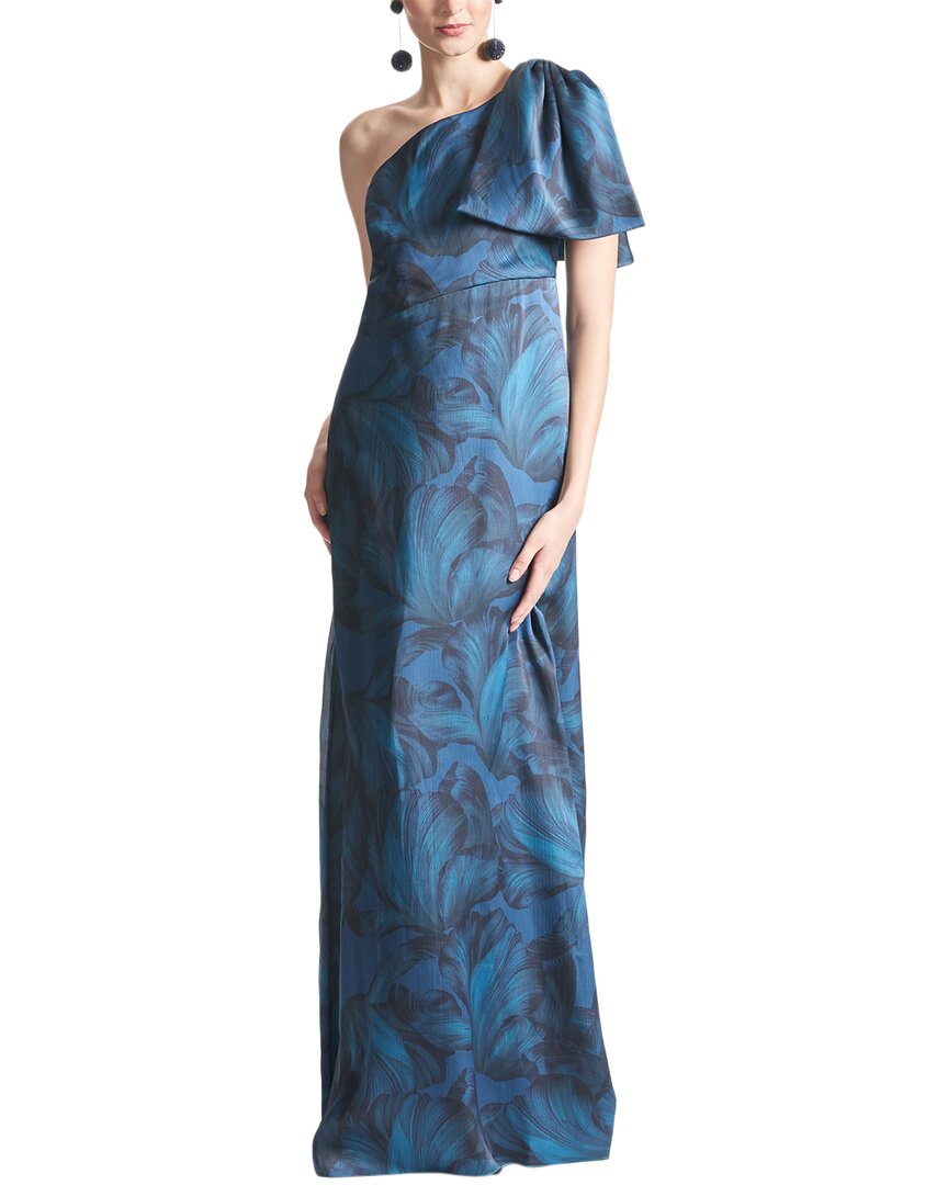 Sachin & Babi Chelsea Floral Print One-shoulder Georgette Gown In Blue