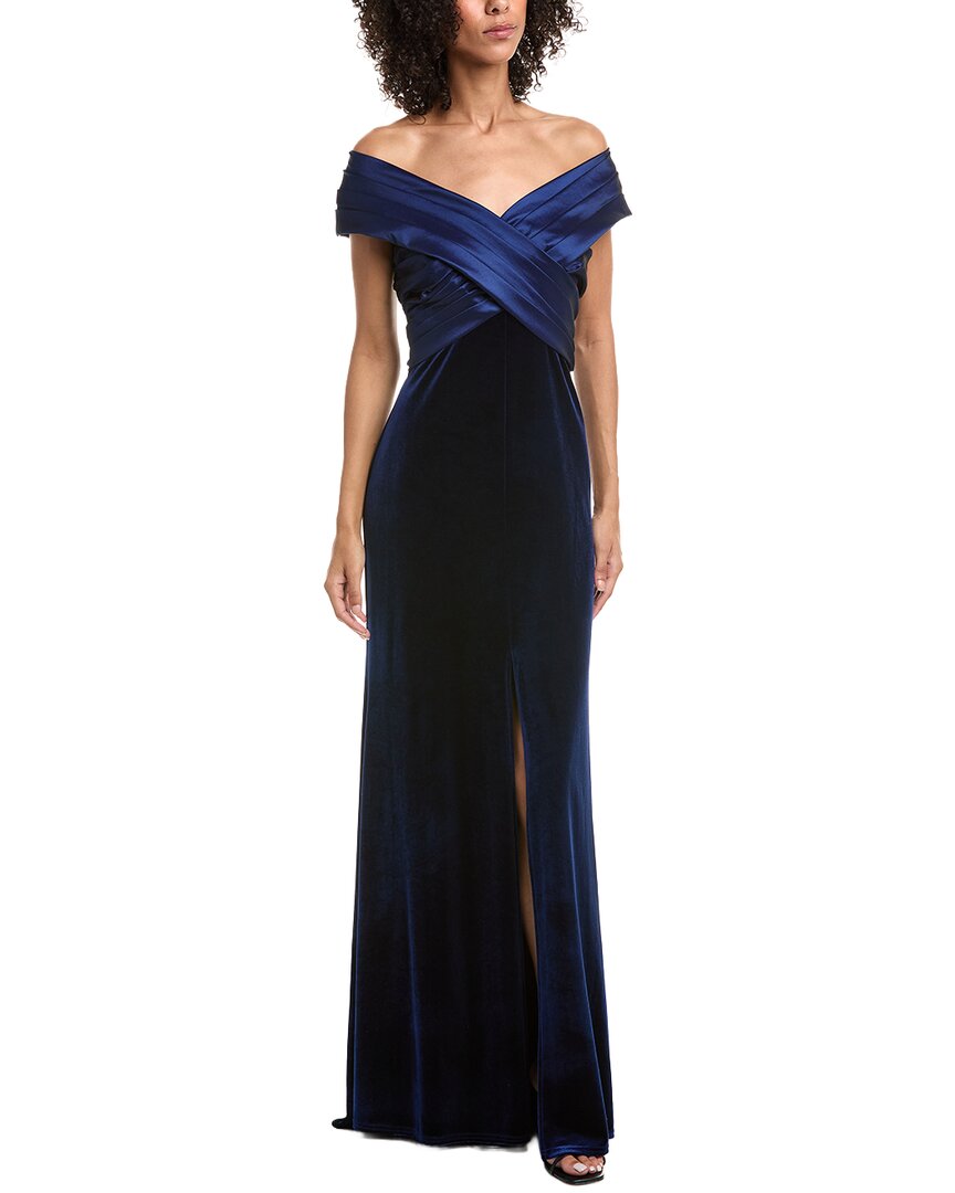Tadashi Shoji Benz Pleated Portrait Collar Gown In Blue