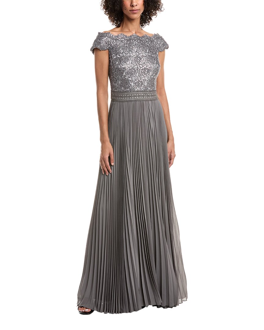 Tadashi Shoji Plus Size Off-shoulder Pleated Sequin Lace Gown In Gray