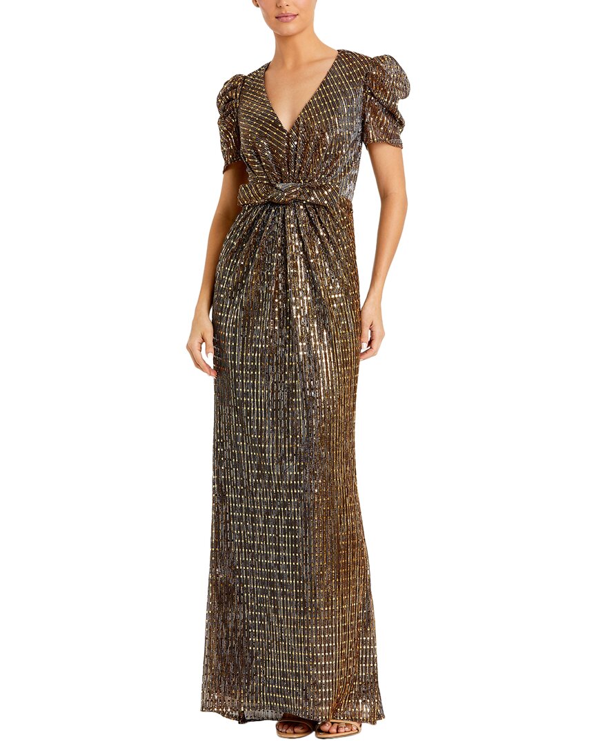 Mac Duggal Bow Waisted Cap Sleeve Metallic Gown In Brown