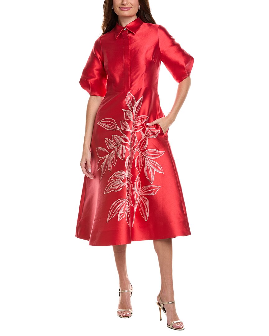 Teri Jon By Rickie Freeman Gazar Border Print Puff-sleeve Dress In Red