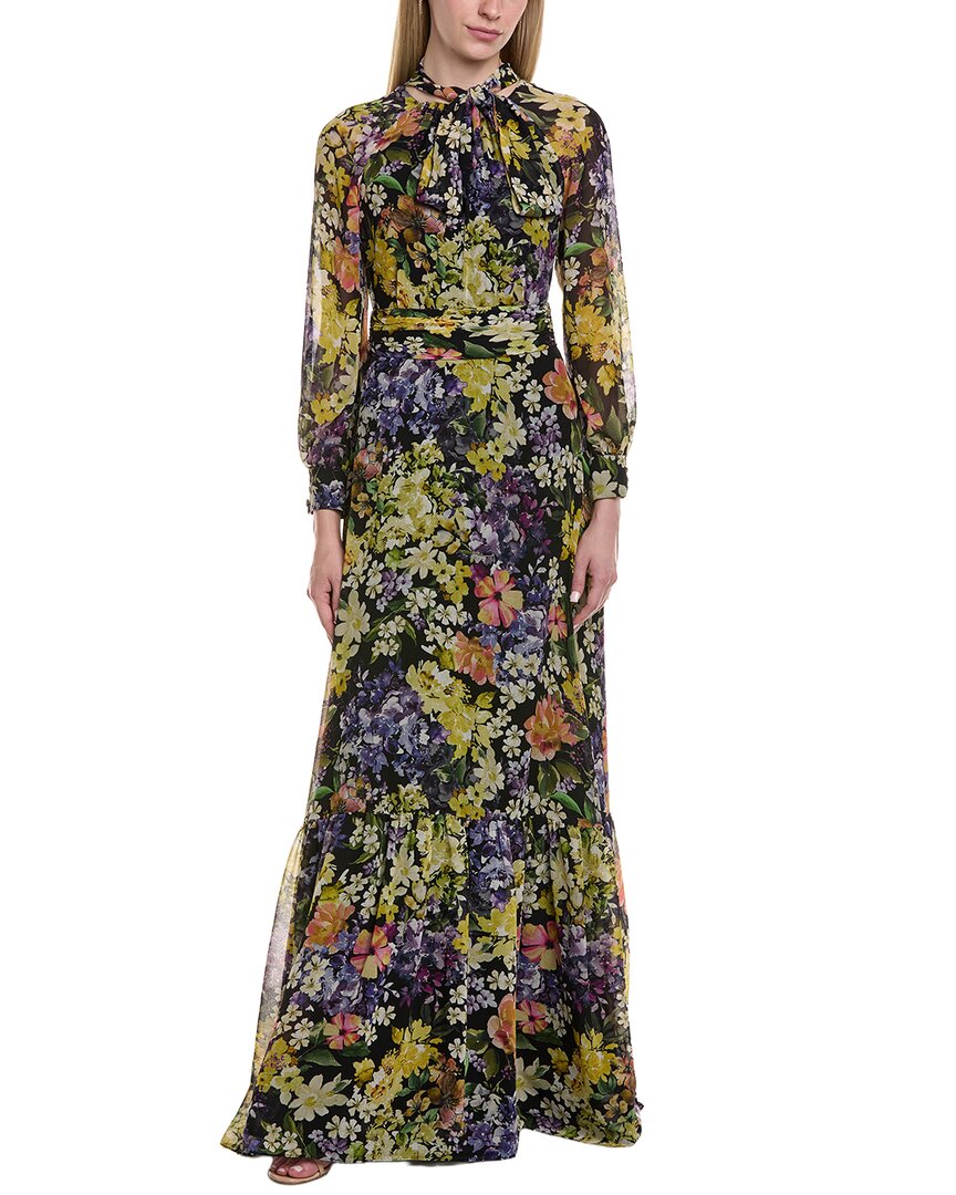 Teri Jon By Rickie Freeman Printed 3/4 Sleeve Maxi Dress In Green