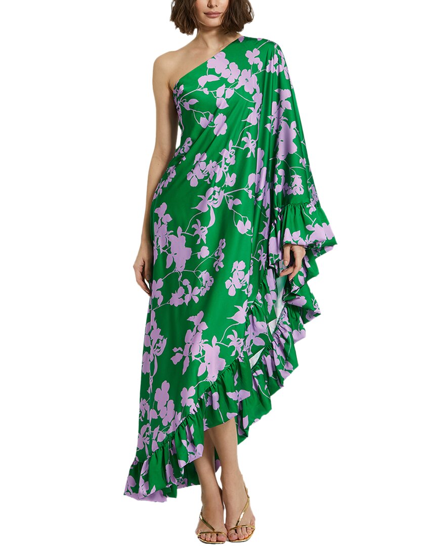 Mac Duggal Printed Charmeuse One Shoulder Draped Gown In Green
