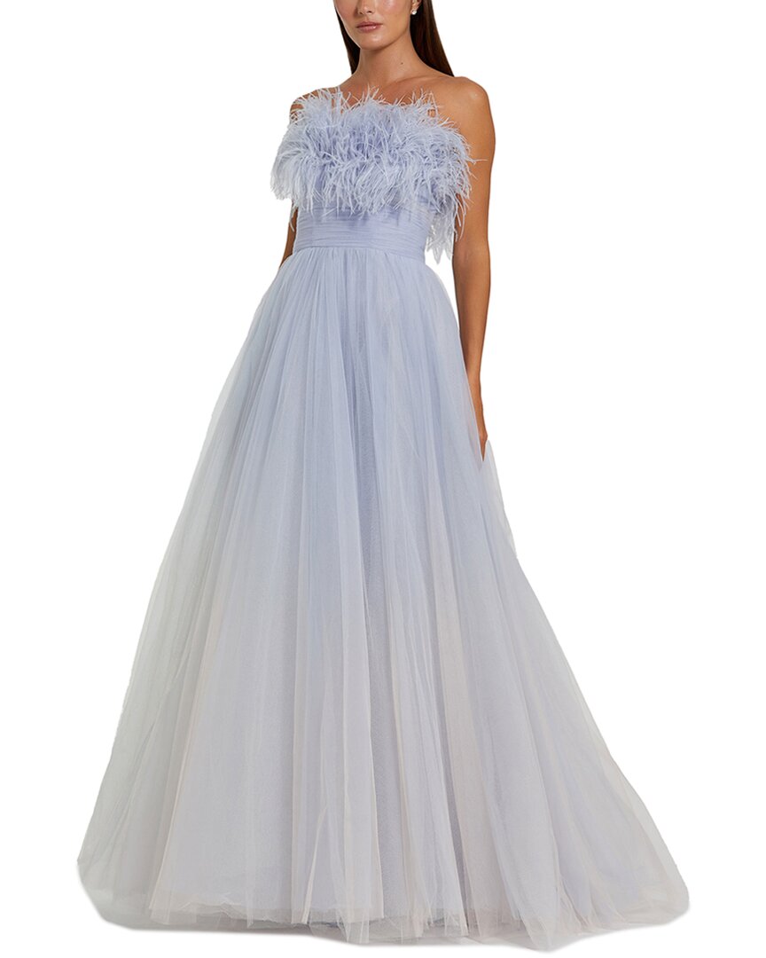 Mac Duggal Feather Neckline Maxi Dress In Blue