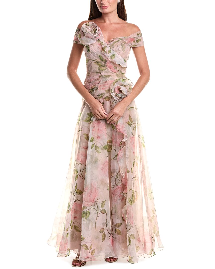 Teri Jon By Rickie Freeman Organza Floral Ruffle Trim Inset Dress In Purple