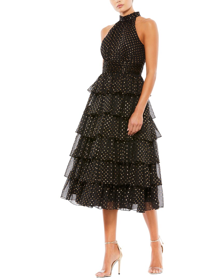 Mac Duggal High-neck Tiered Dotted Midi-dress In Black Gold