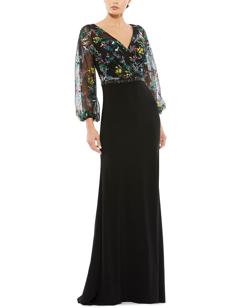 Mac Duggal Embroidered Illusion Puff Sleeve Column Gown In Black Multi