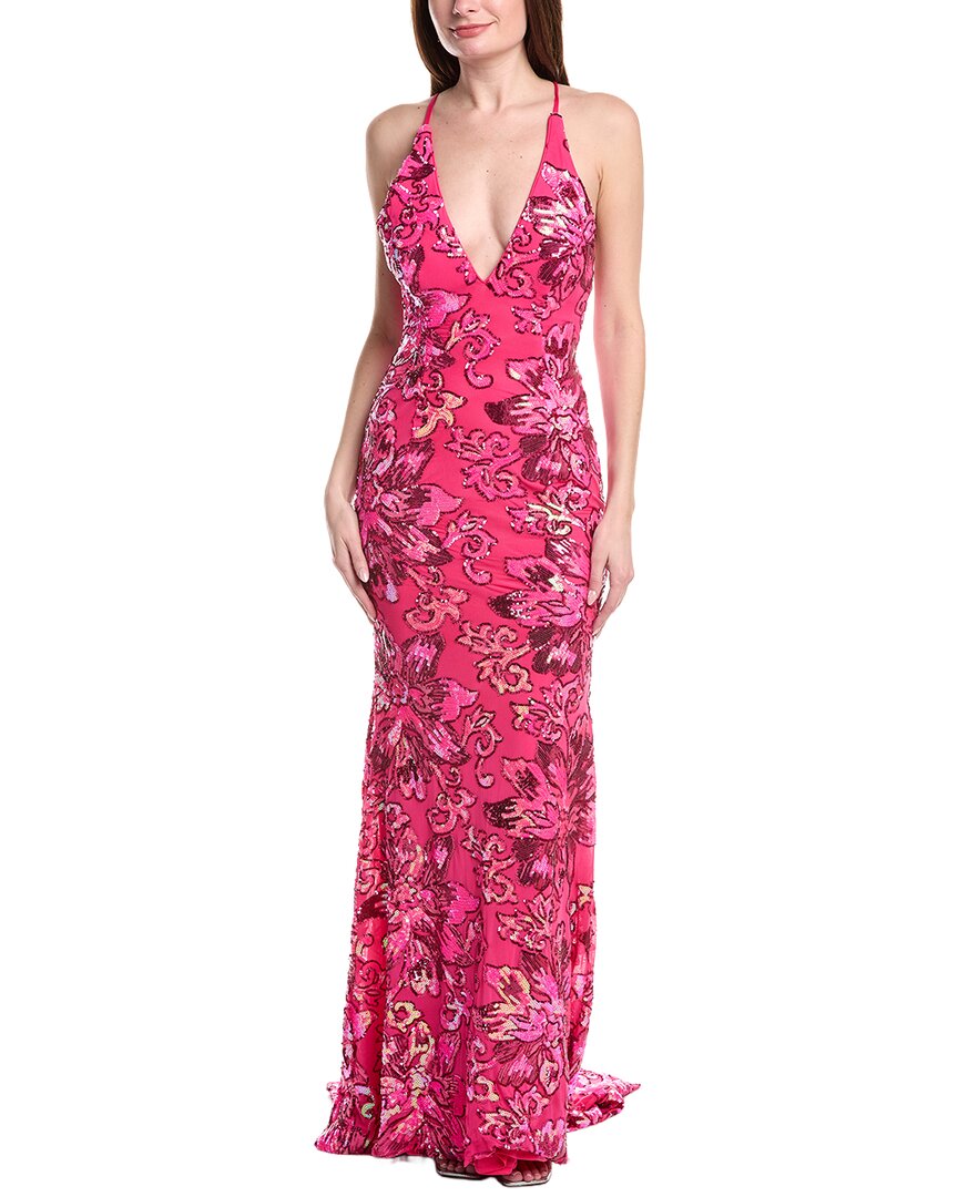 Jovani V-neck Tie Back Sheath Dress In Pink