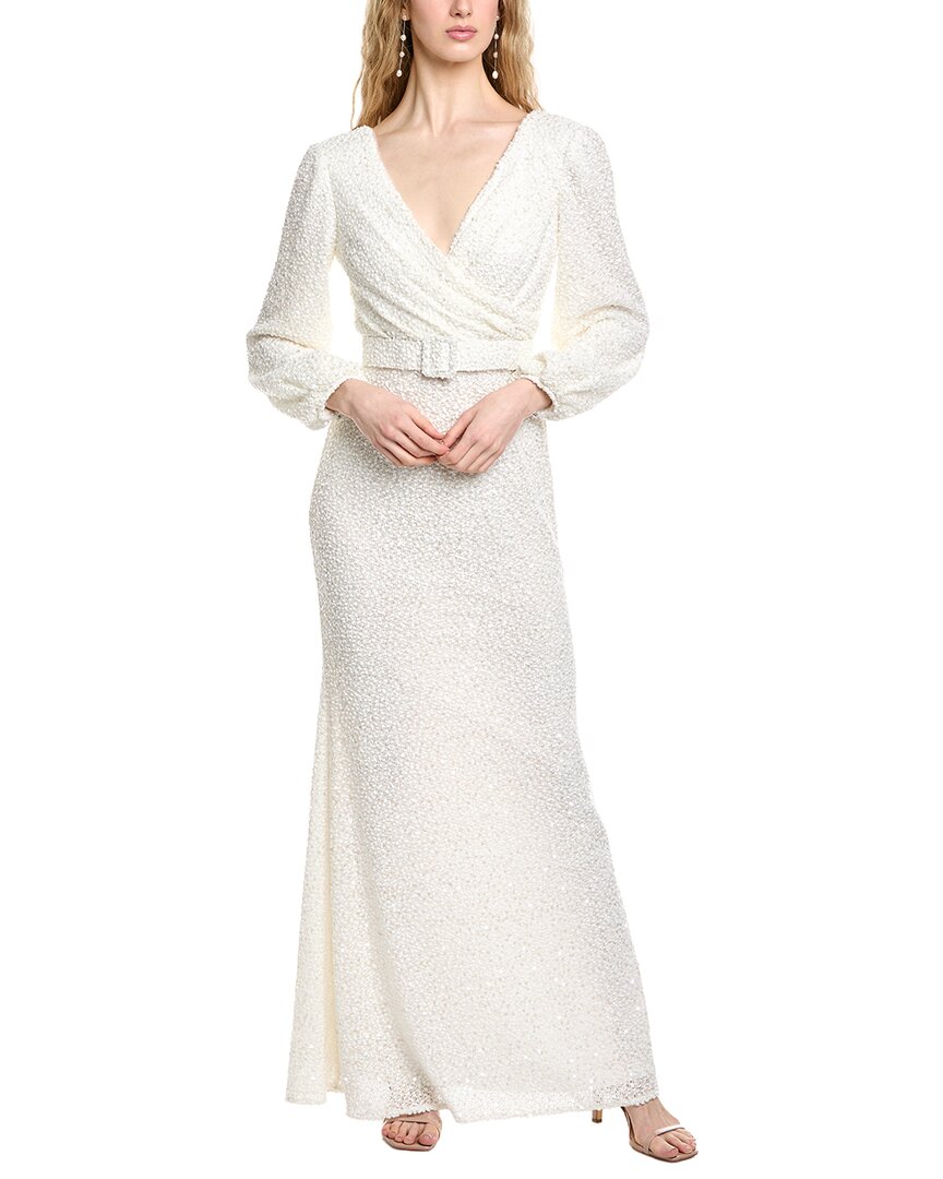 Badgley Mischka Popcorn Knit Sequin Gown In White