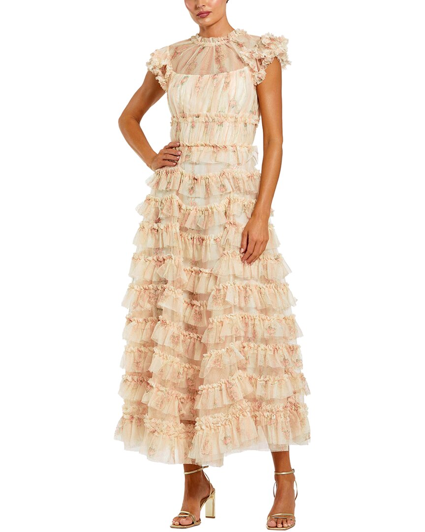 Mac Duggal Printed Mesh Short Sleeve Micro Ruffle Midi Dress Women's | eBay