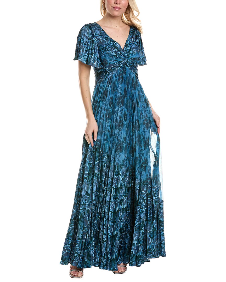 Shop Theia Satin & Chiffon Pleated A-line Gown In Blue