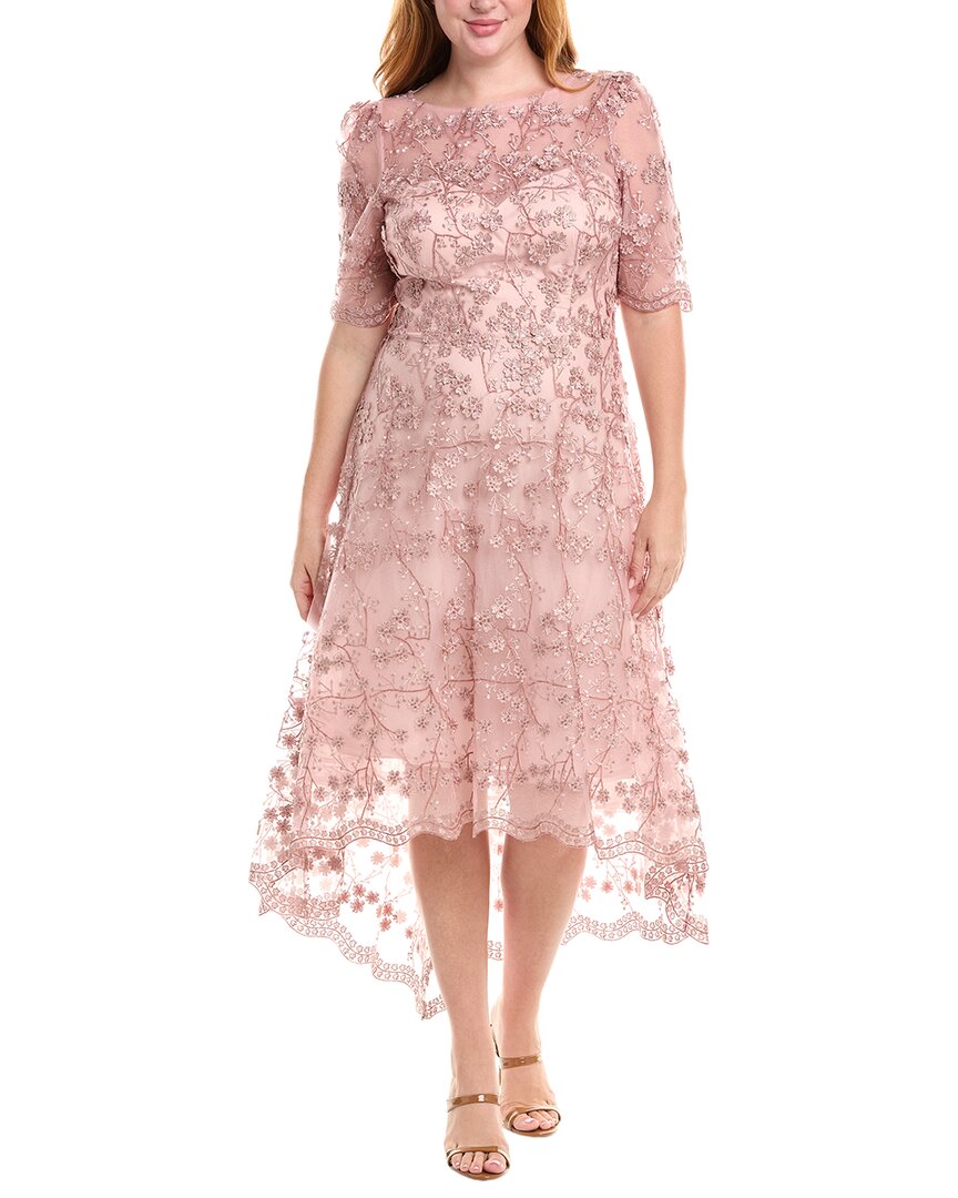 Teri Jon By Rickie Freeman Embroidered Midi Dress In Pink