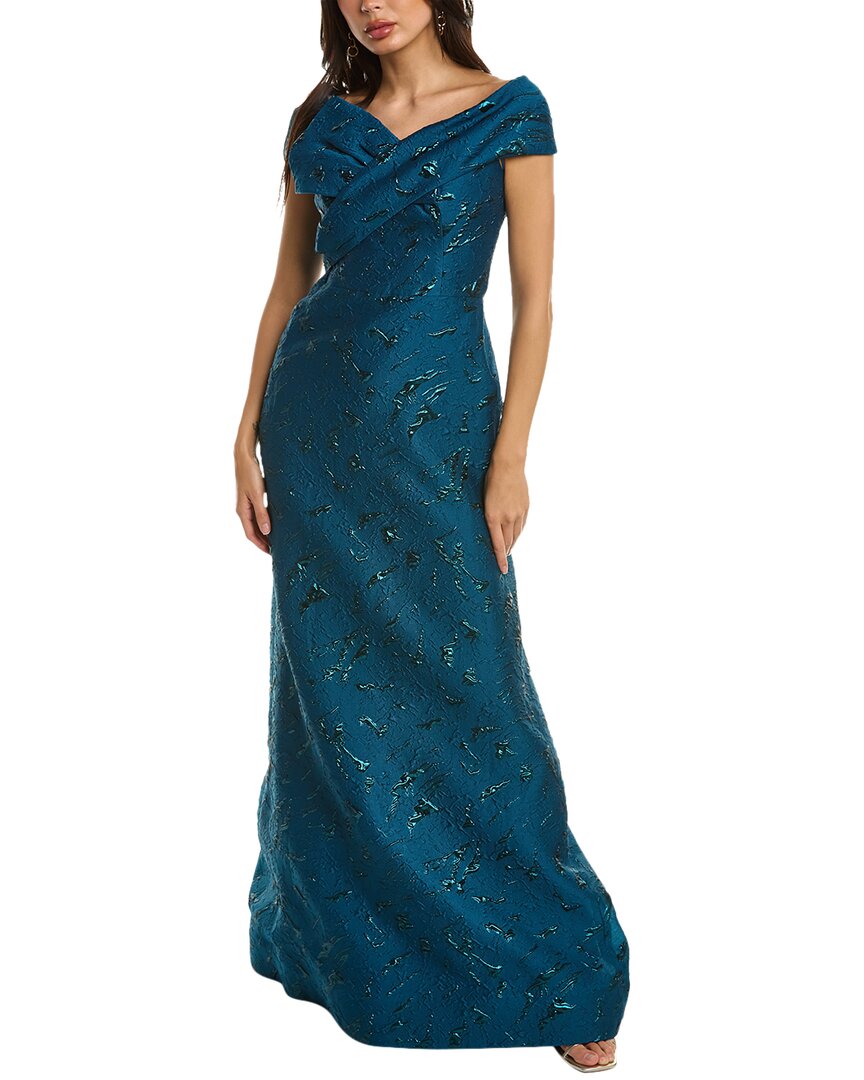 Shop Teri Jon By Rickie Freeman Off-the-shoulder Jacquard Gown In Blue