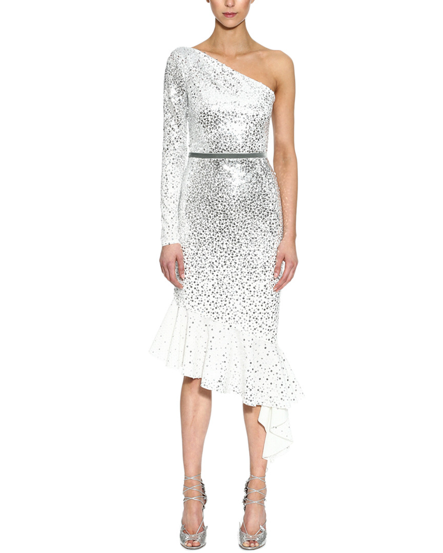 Image of Marchesa Notte Glitter Ruffle Satin Cocktail Dress