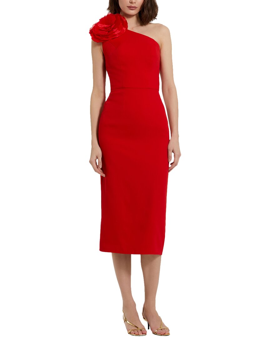 Mac Duggal Crepe One Shoulder Midi Dress With Flower In Red