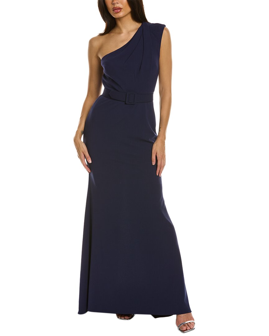 Badgley Mischka One-shoulder Belted Crepe Gown In Blue