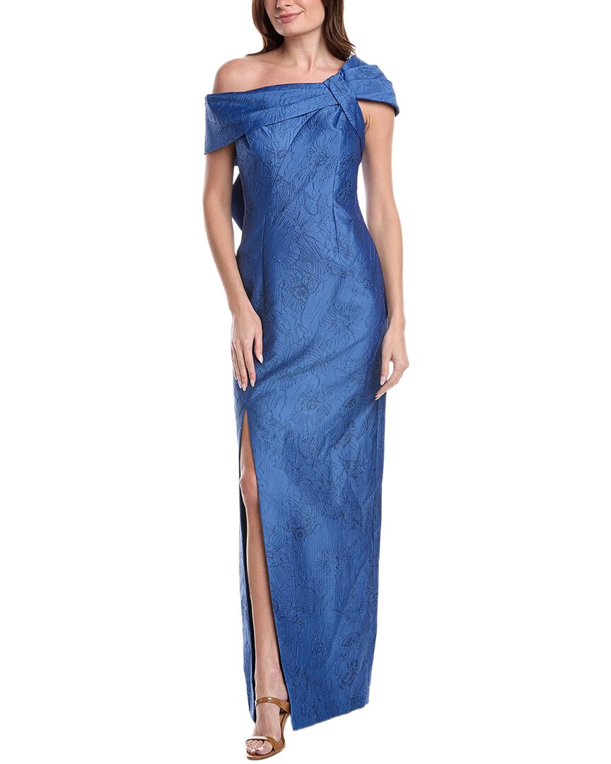Teri Jon By Rickie Freeman Jacquard Asymmetrical Portrait Bow Shoulder Gown In Blue