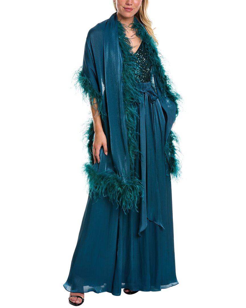 Shop Badgley Mischka Feather Wrap Gown In Teal