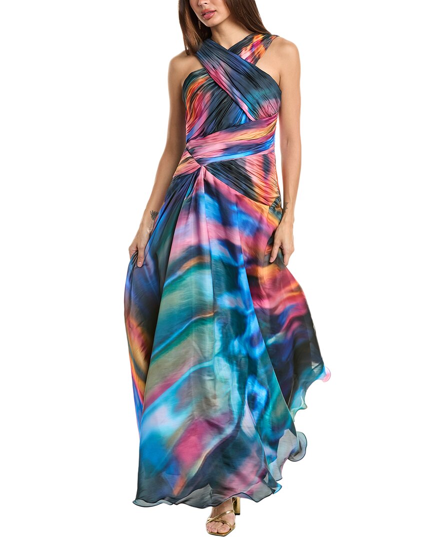 Theia Stacy Abstract Print Crossover Neck Faux Wrap Gown In Blue