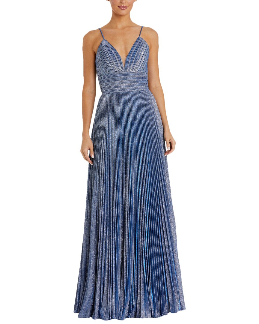 Mac Duggal Shimmer Pleated Plunge Neck Criss Cross Back Gown In Blue