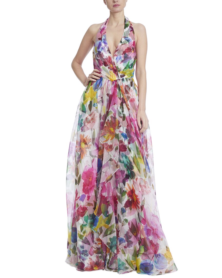 Badgley Mischka Floral-print Ruffle-trim Organza Halter Gown In White