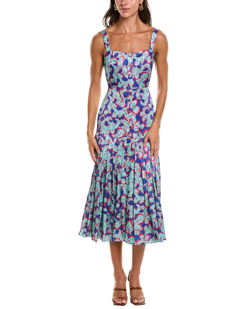 Saloni Karen Crackle Stamped Satin Midi Dress In Navy